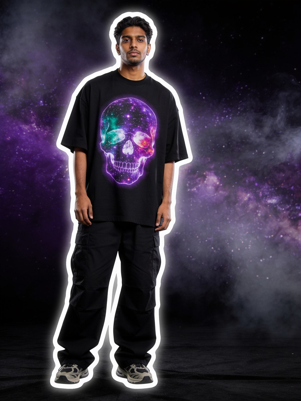 Model wearing a cosmic nebula skull design — Cosmos collection