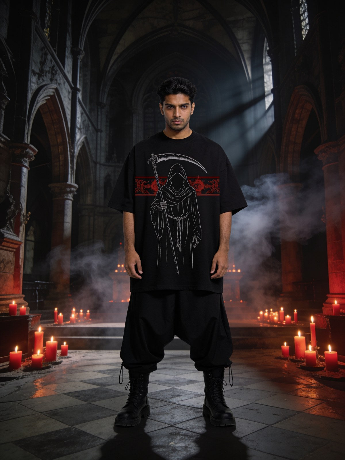 Model wearing a dark occult reaper design — Dark Arts collection
