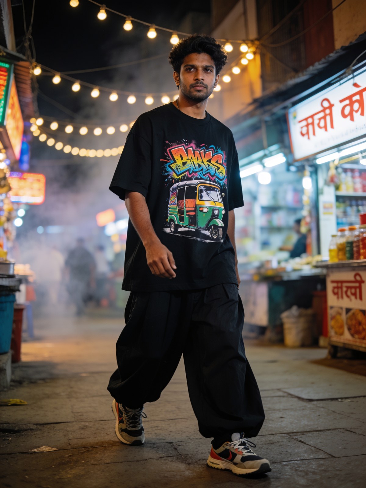 Model wearing an auto-rickshaw graphic on an Indian street — Desi Street collection