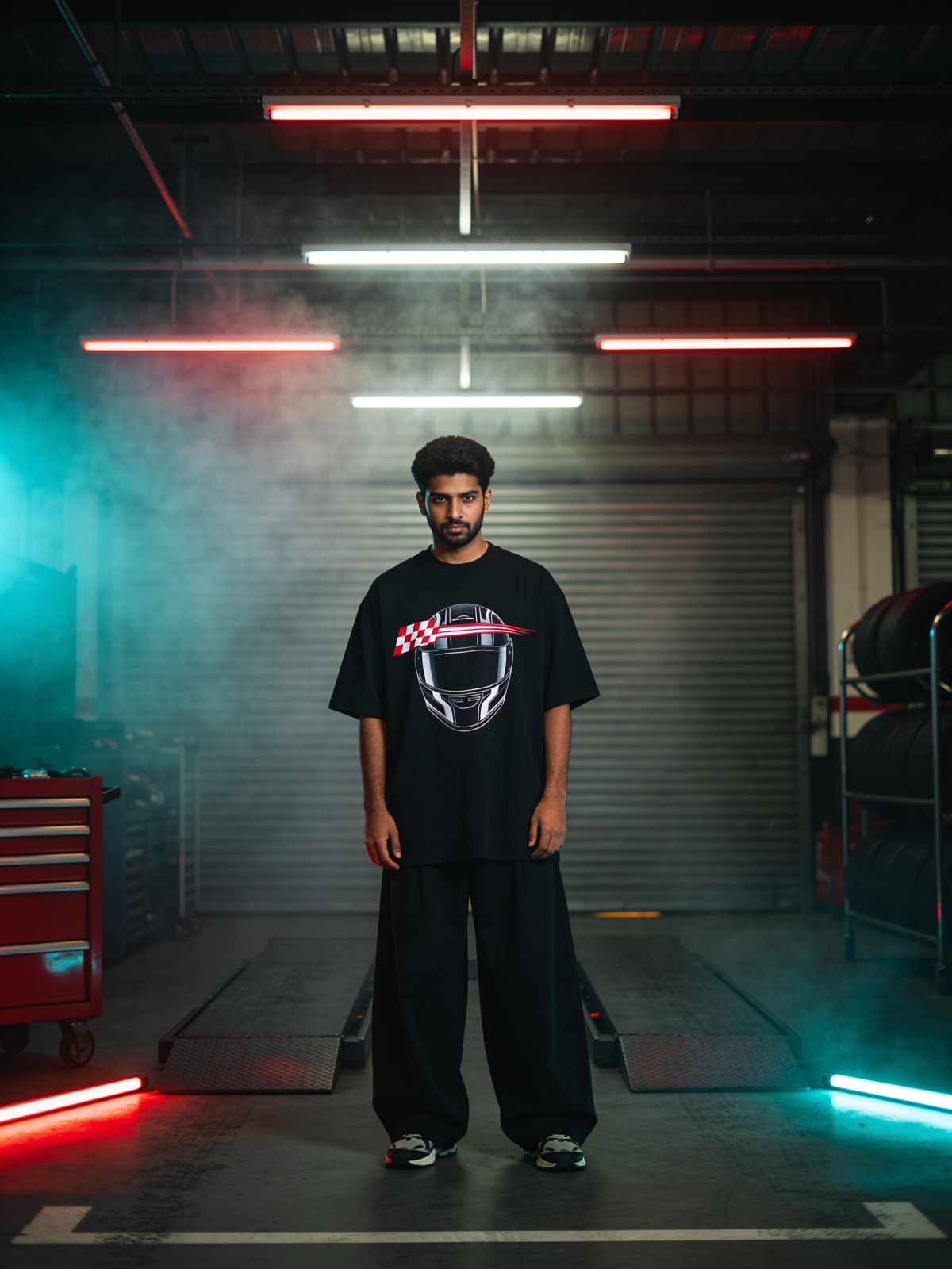 Model wearing a racing helmet graphic in a pit garage — Formula 1 collection