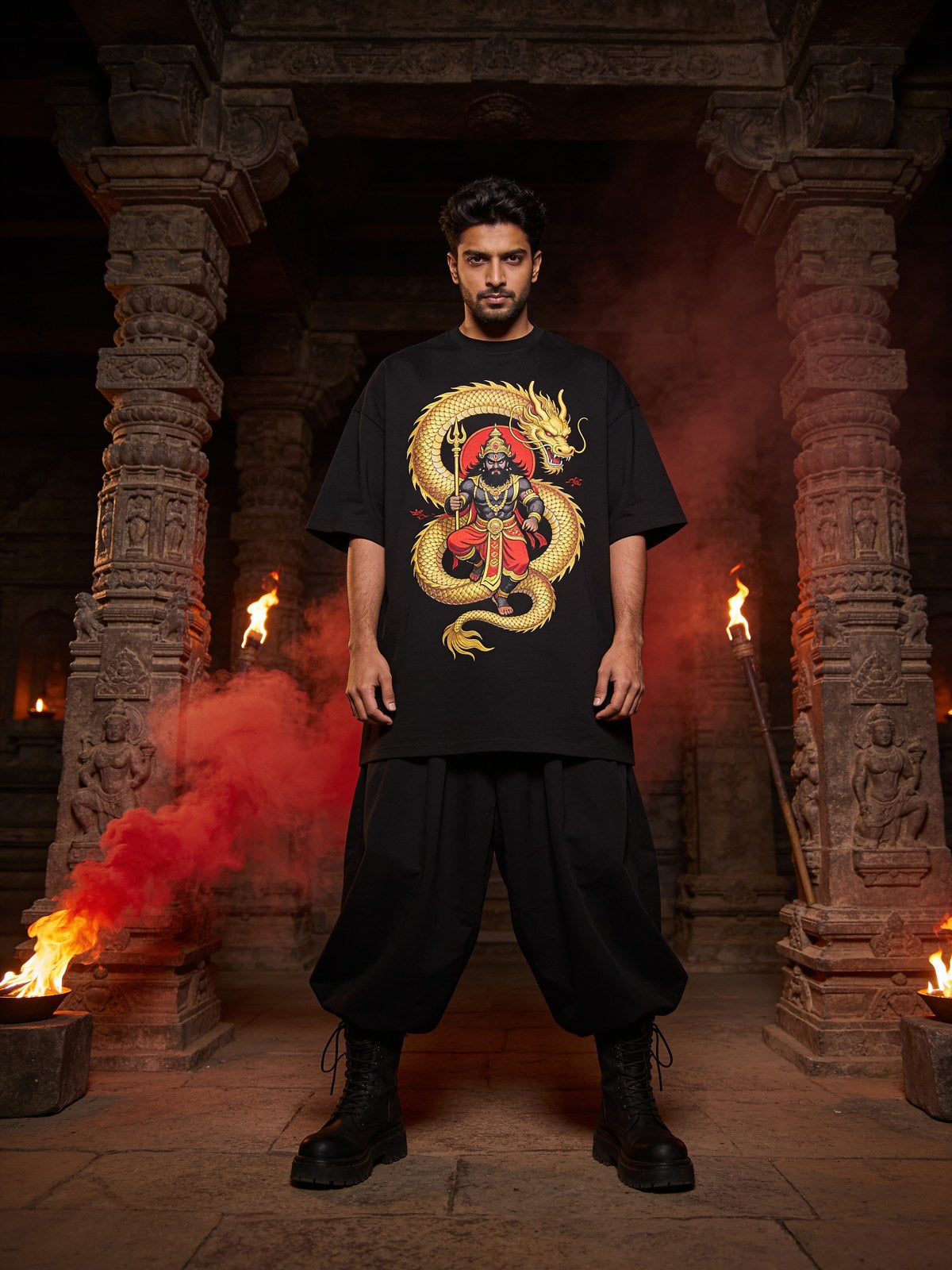 Model wearing a dragon and deity design in a temple — Mythic Threads collection