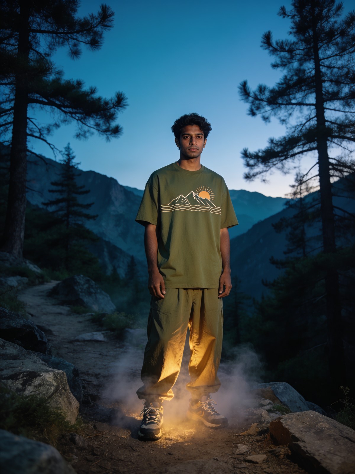 Model wearing a mountain line-art design on a trail — Outdoors collection