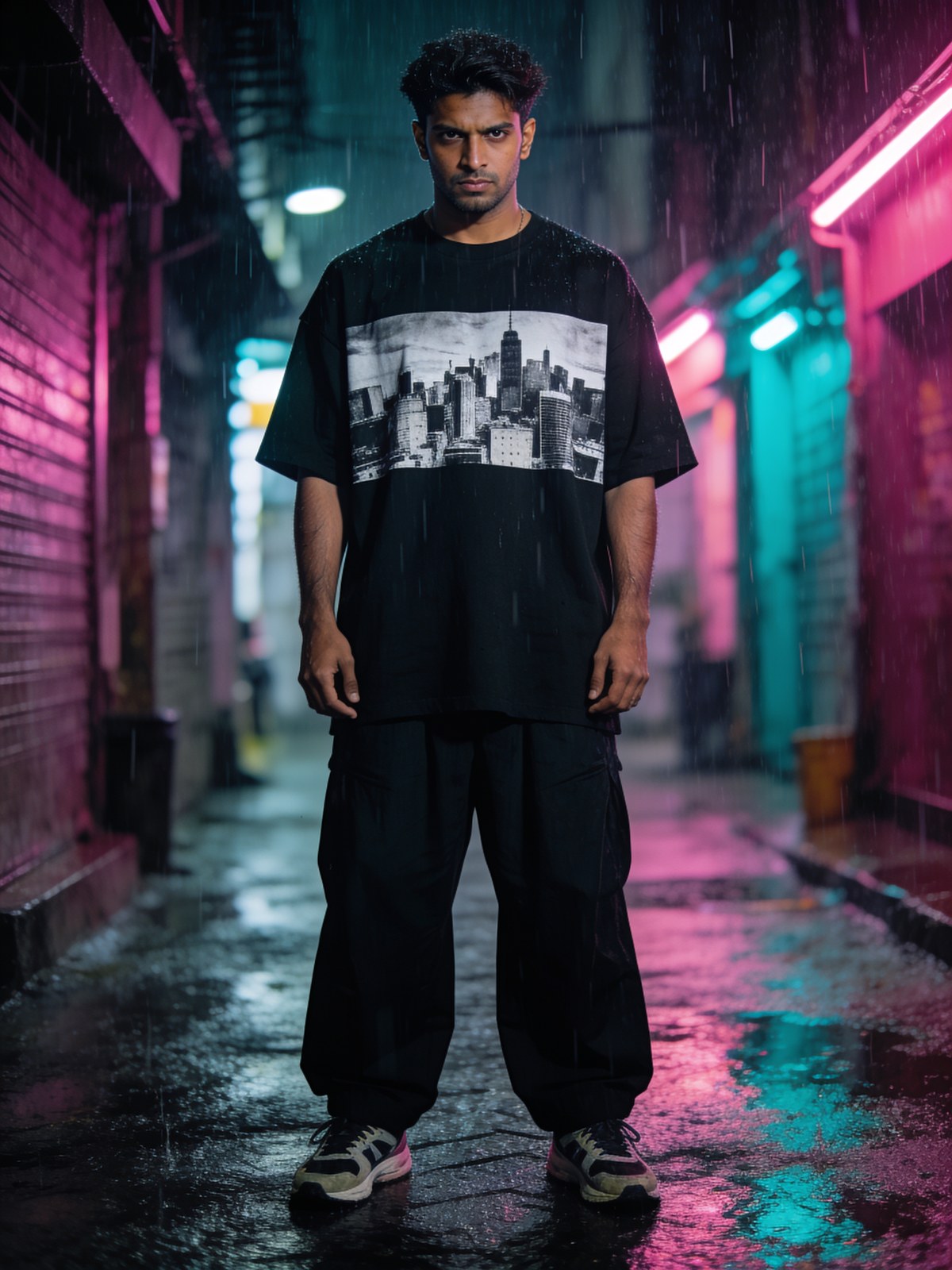 Model wearing a city-skyline graphic in a neon alley — Street Slogans collection