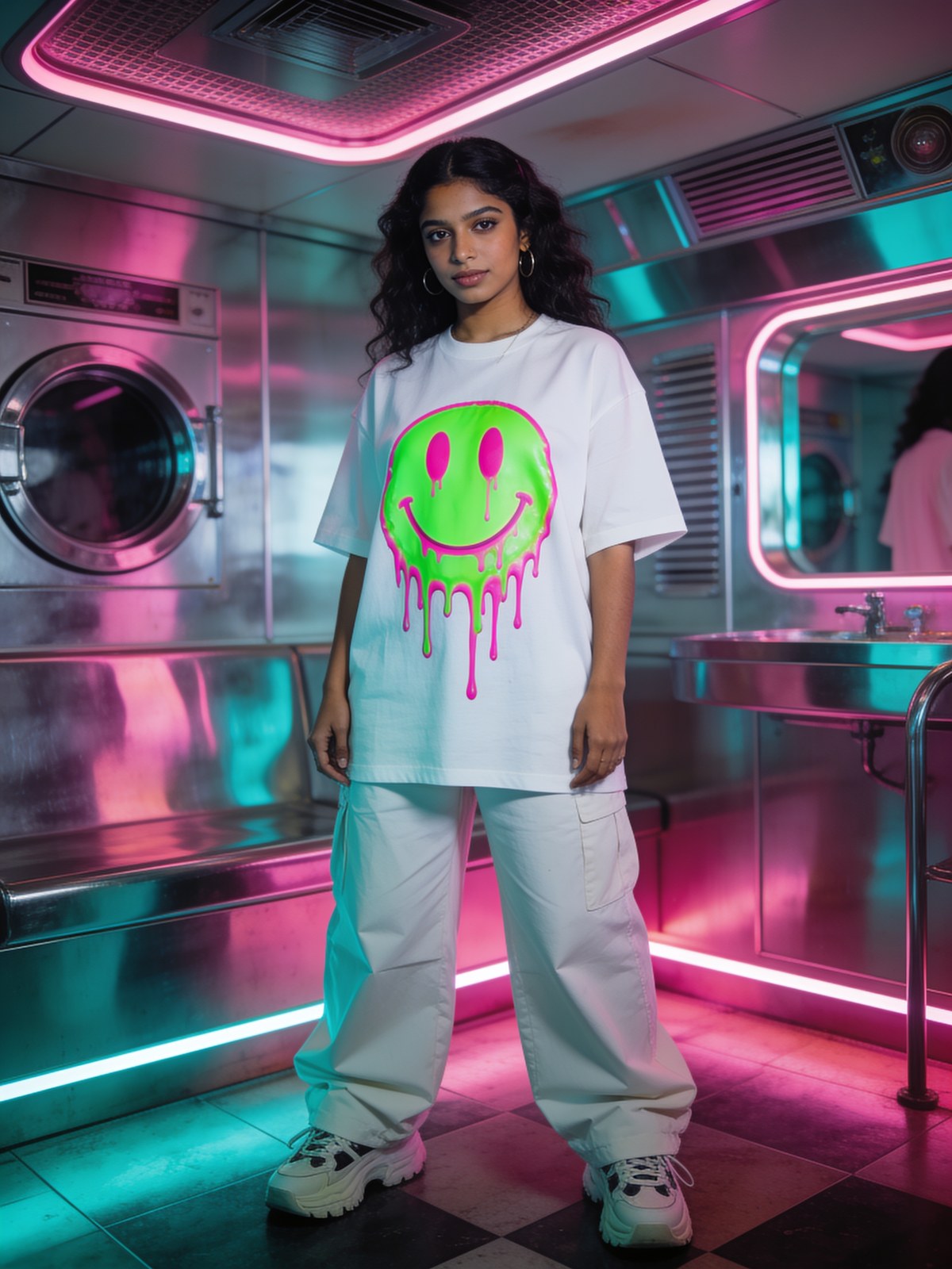 Model wearing a neon acid smiley Y2K graphic — Y2K collection