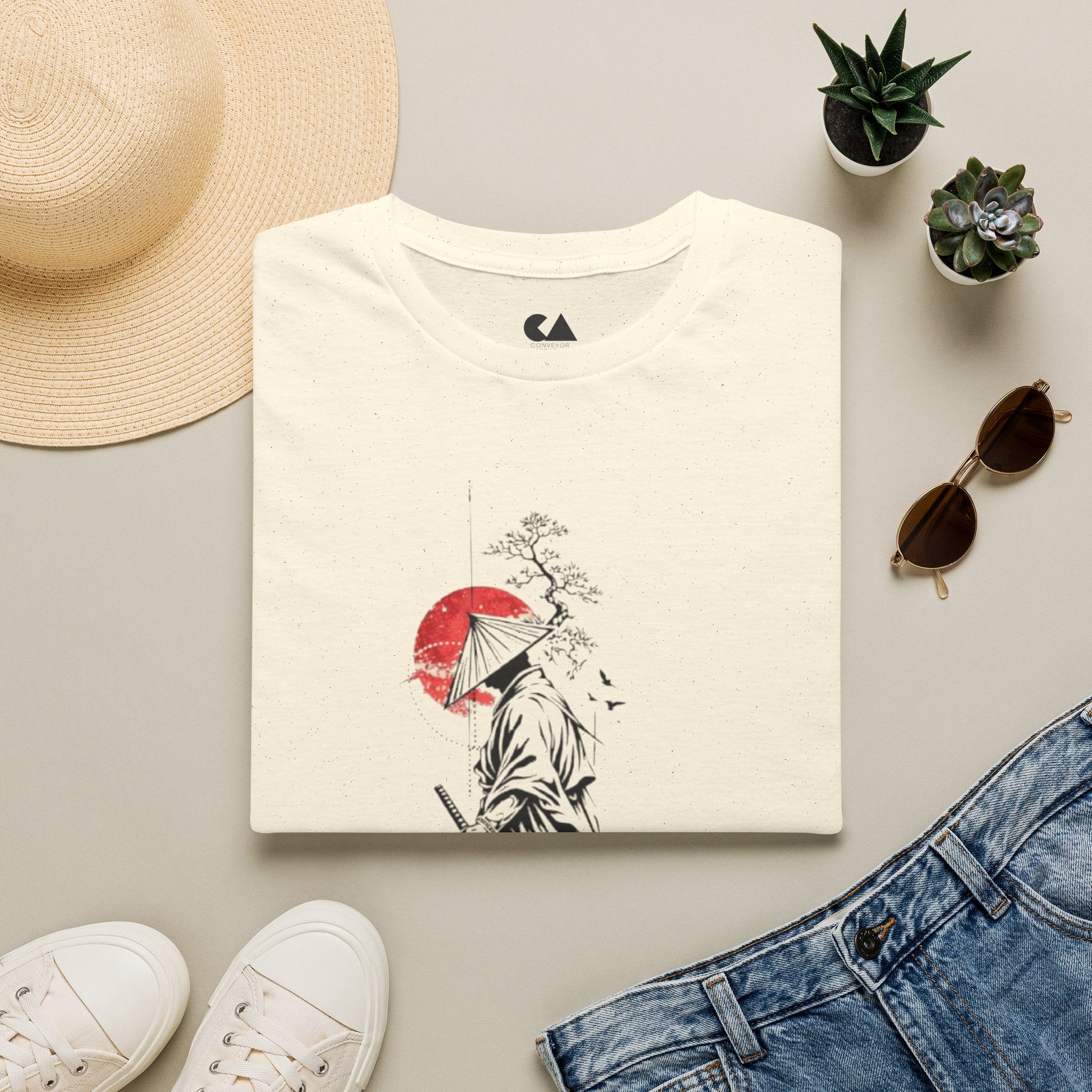 Samurai Sunset T-Shirt — Japanese Warrior Art Tee with Red Sun