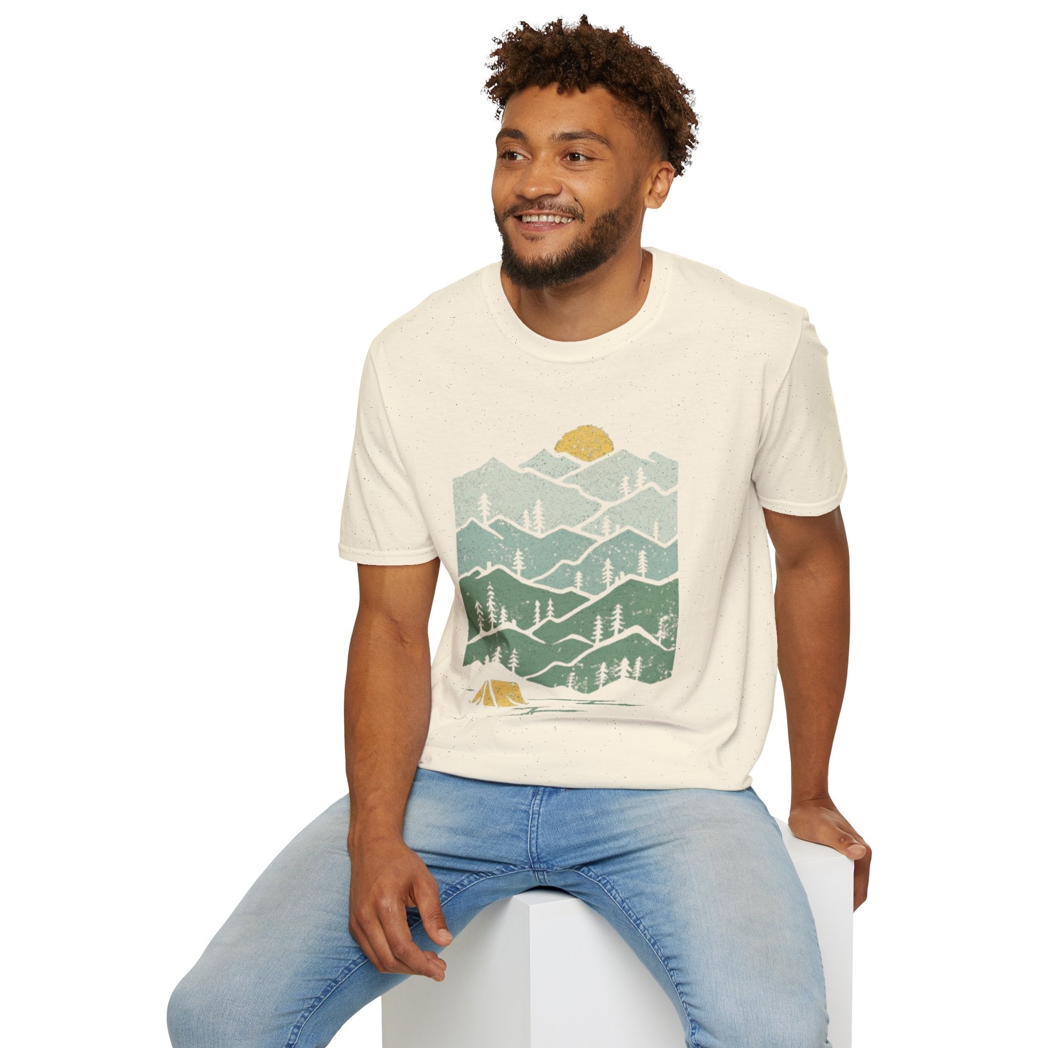 Mountain Sunrise T-Shirt — Retro Green Forest Camping Tee