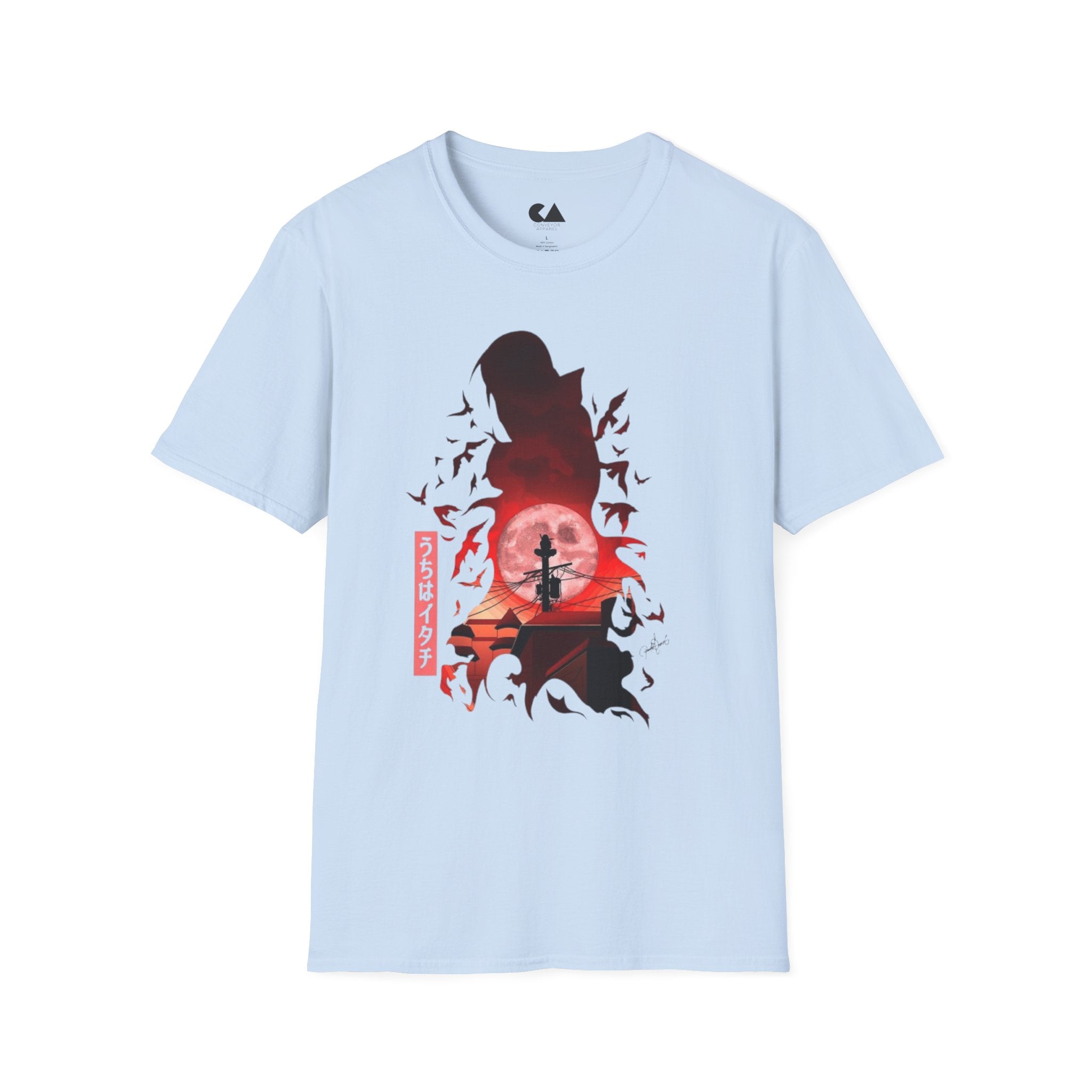 T-Shirt — Samurai Silhouette at Red Moon (Bats & Japanese Script)
