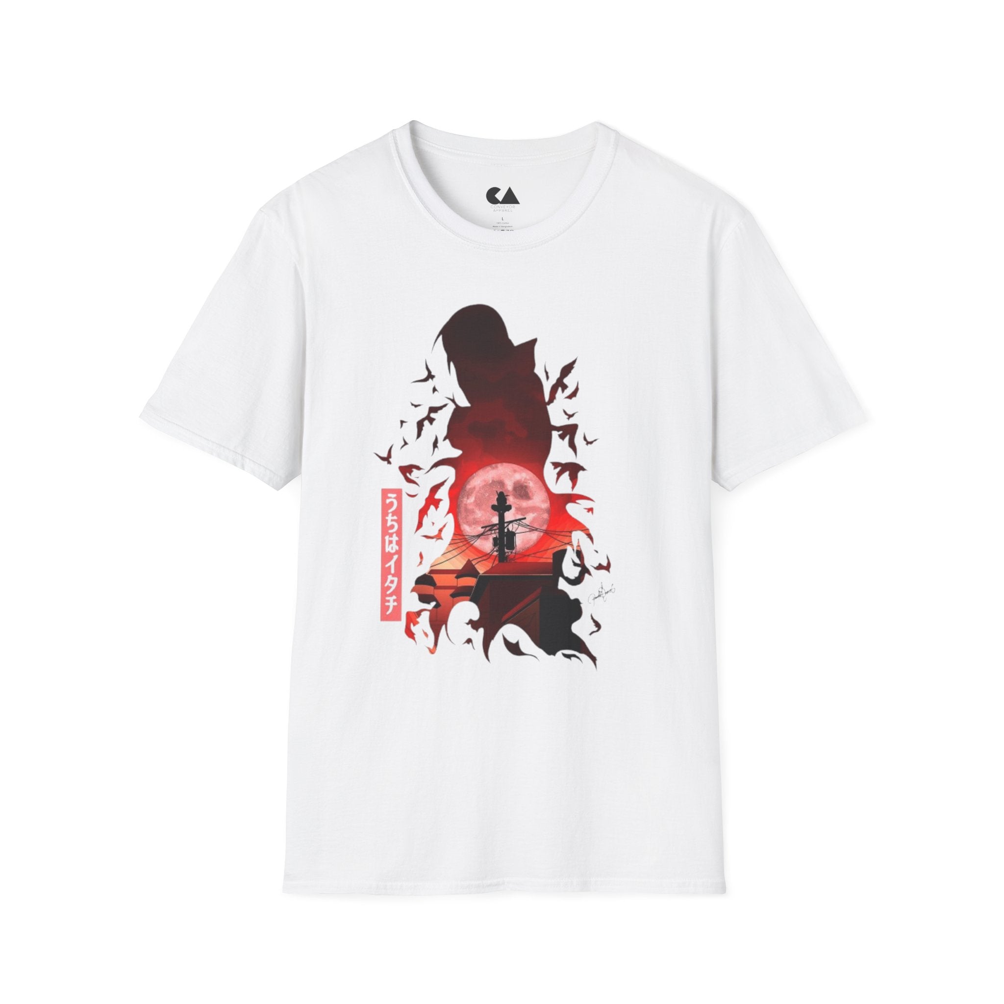 T-Shirt — Samurai Silhouette at Red Moon (Bats & Japanese Script)