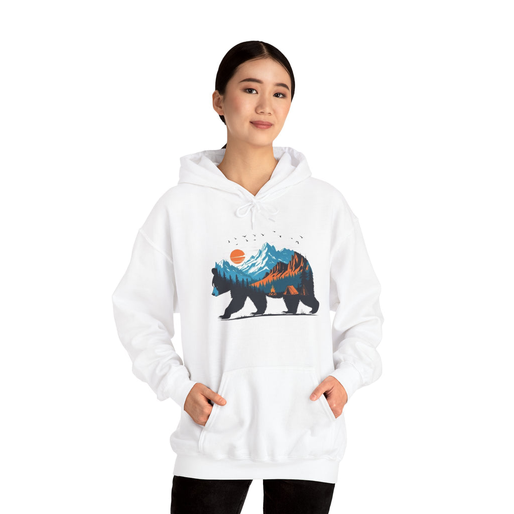 Bear Mountain Hoodie — Scenic Wilderness Graphic Hoodie (Sunset & Pine Forest Silhouette)
