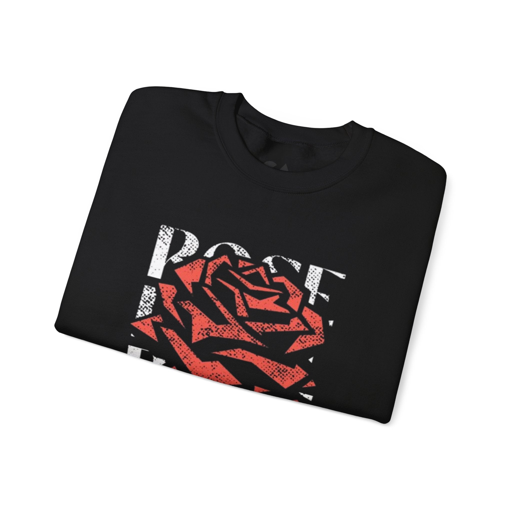 Rose Graphic Sweatshirt — Distressed Red Rose Text Design