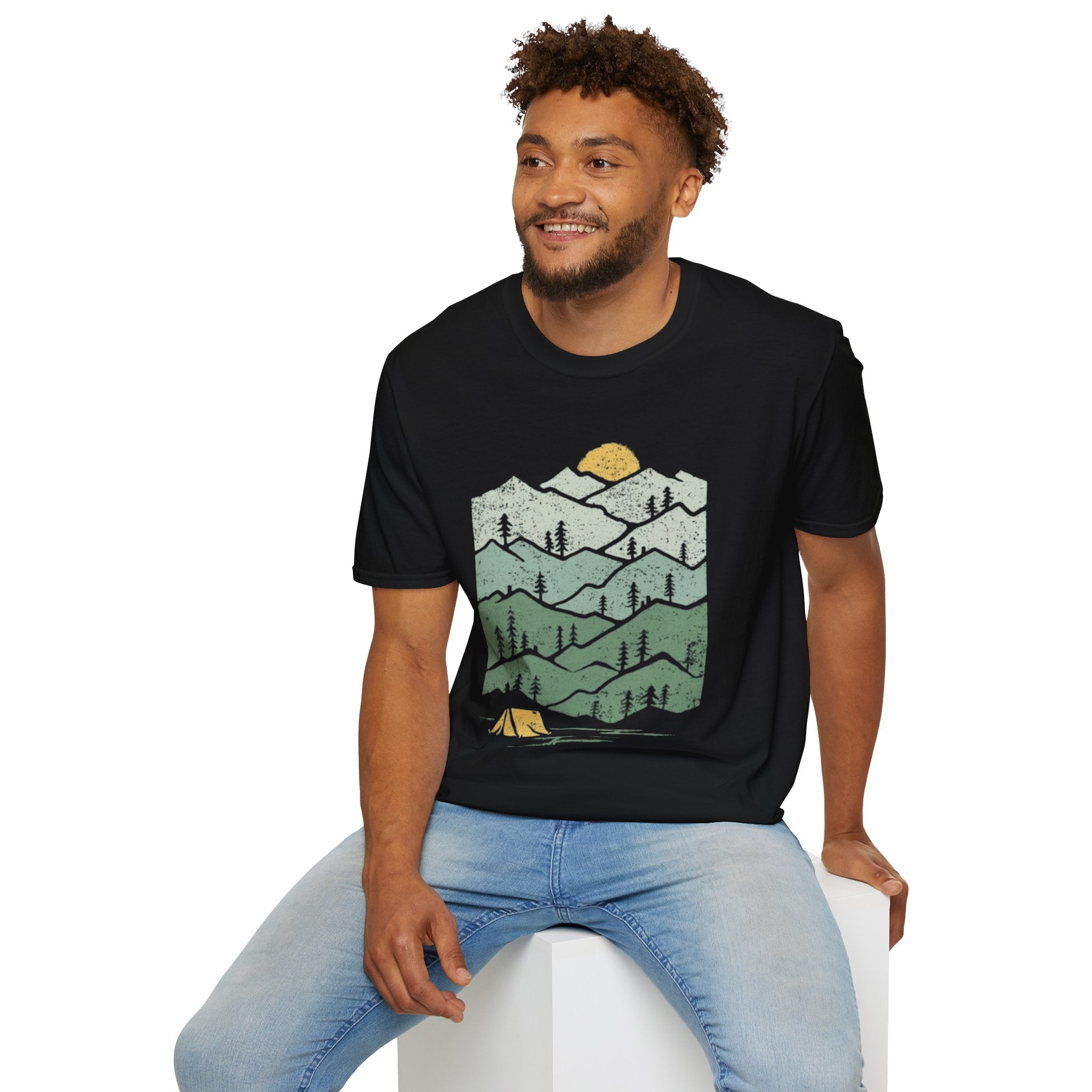 Mountain Sunrise T-Shirt — Retro Green Forest Camping Tee