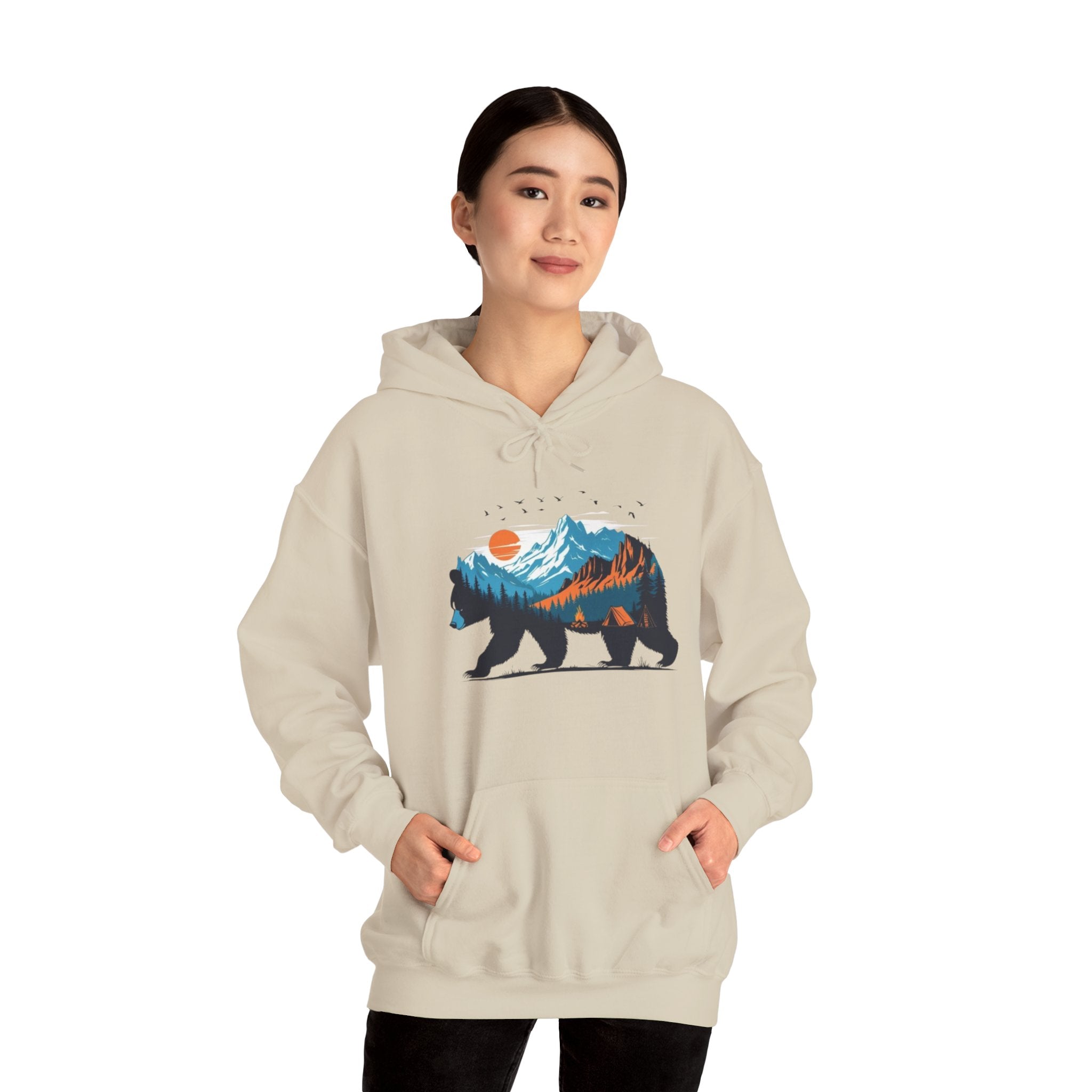 Bear Mountain Hoodie — Scenic Wilderness Graphic Hoodie (Sunset & Pine Forest Silhouette)