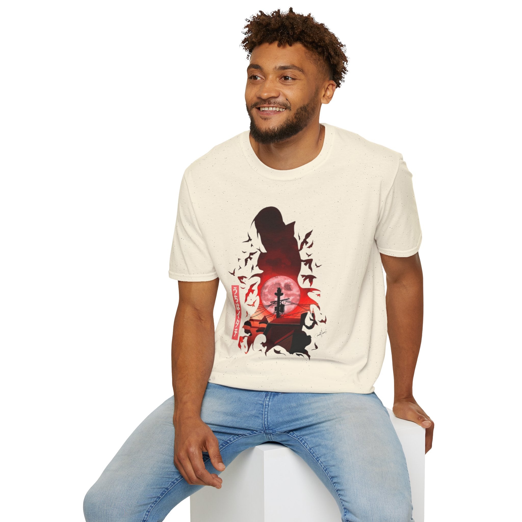 T-Shirt — Samurai Silhouette at Red Moon (Bats & Japanese Script)