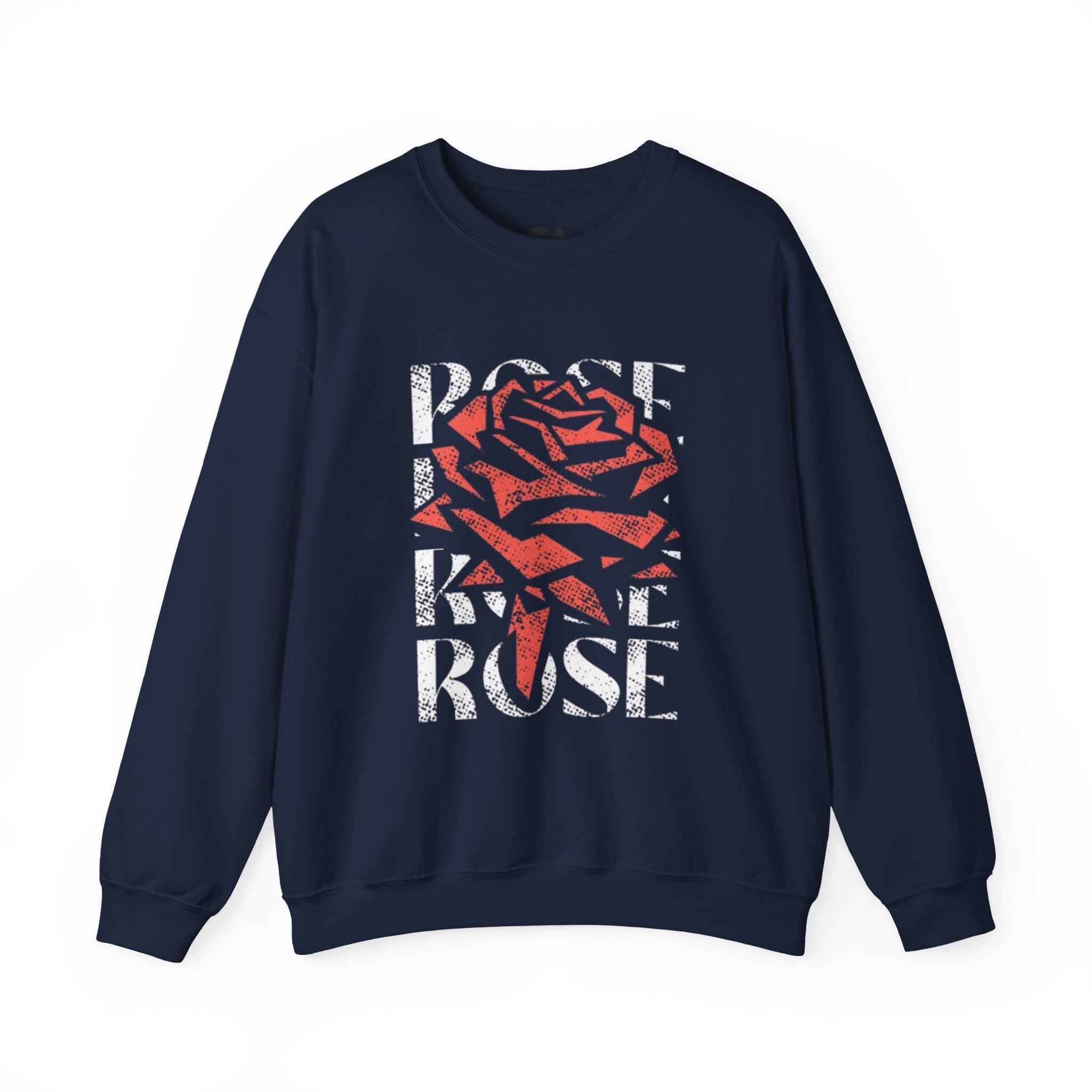 Rose Graphic Sweatshirt — Distressed Red Rose Text Design