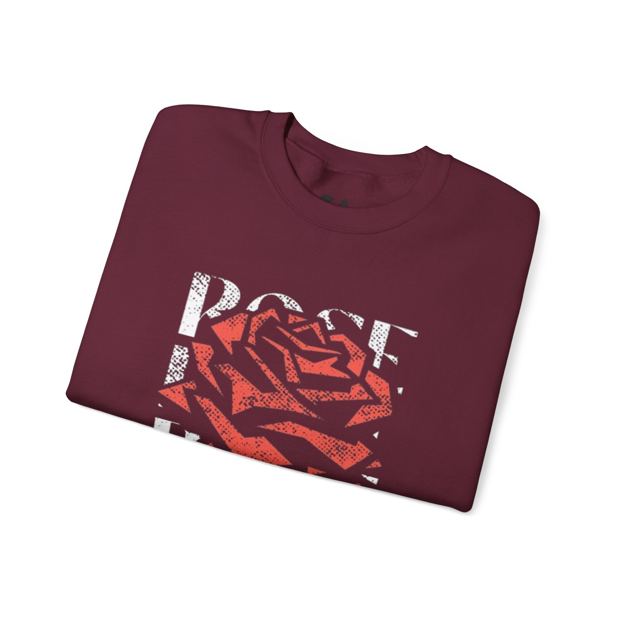 Rose Graphic Sweatshirt — Distressed Red Rose Text Design