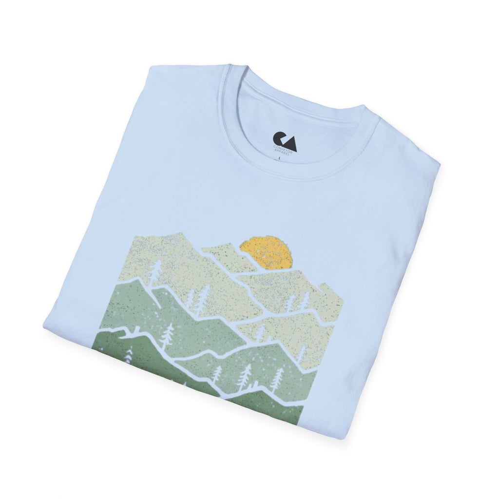 Mountain Sunrise T-Shirt — Retro Green Forest Camping Tee