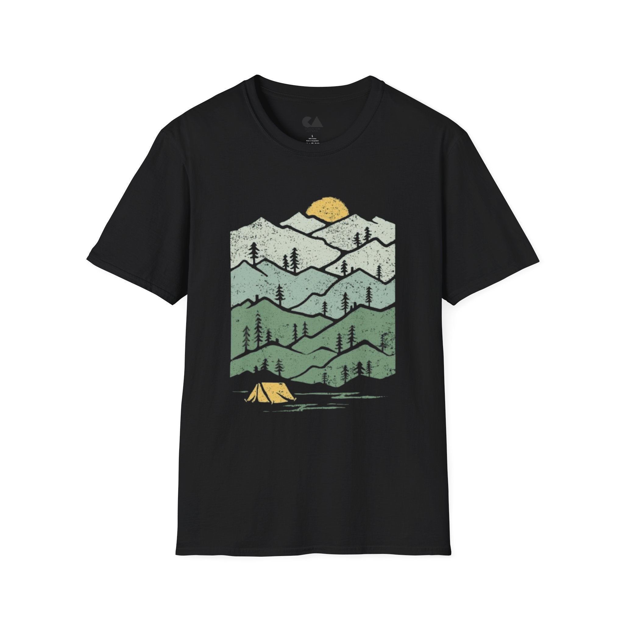 Mountain Sunrise T-Shirt — Retro Green Forest Camping Tee