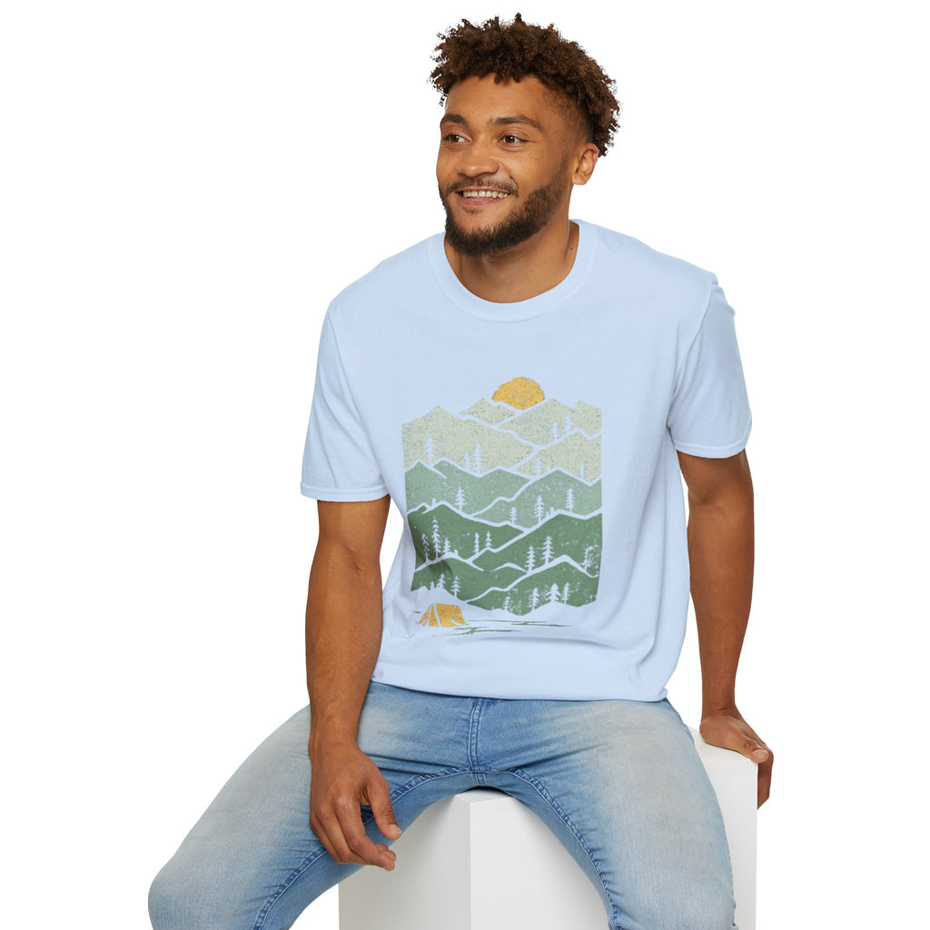 Mountain Sunrise T-Shirt — Retro Green Forest Camping Tee
