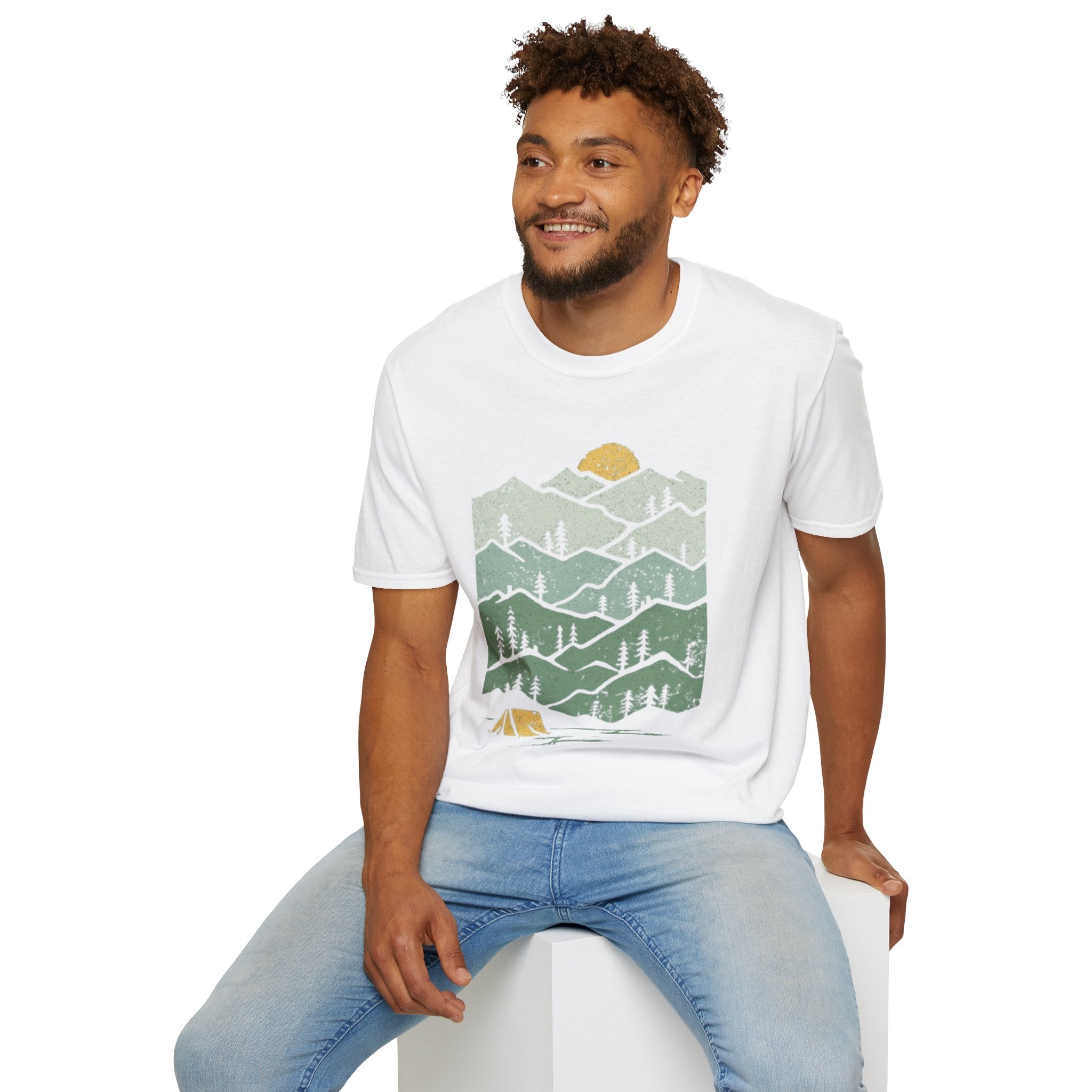 Mountain Sunrise T-Shirt — Retro Green Forest Camping Tee