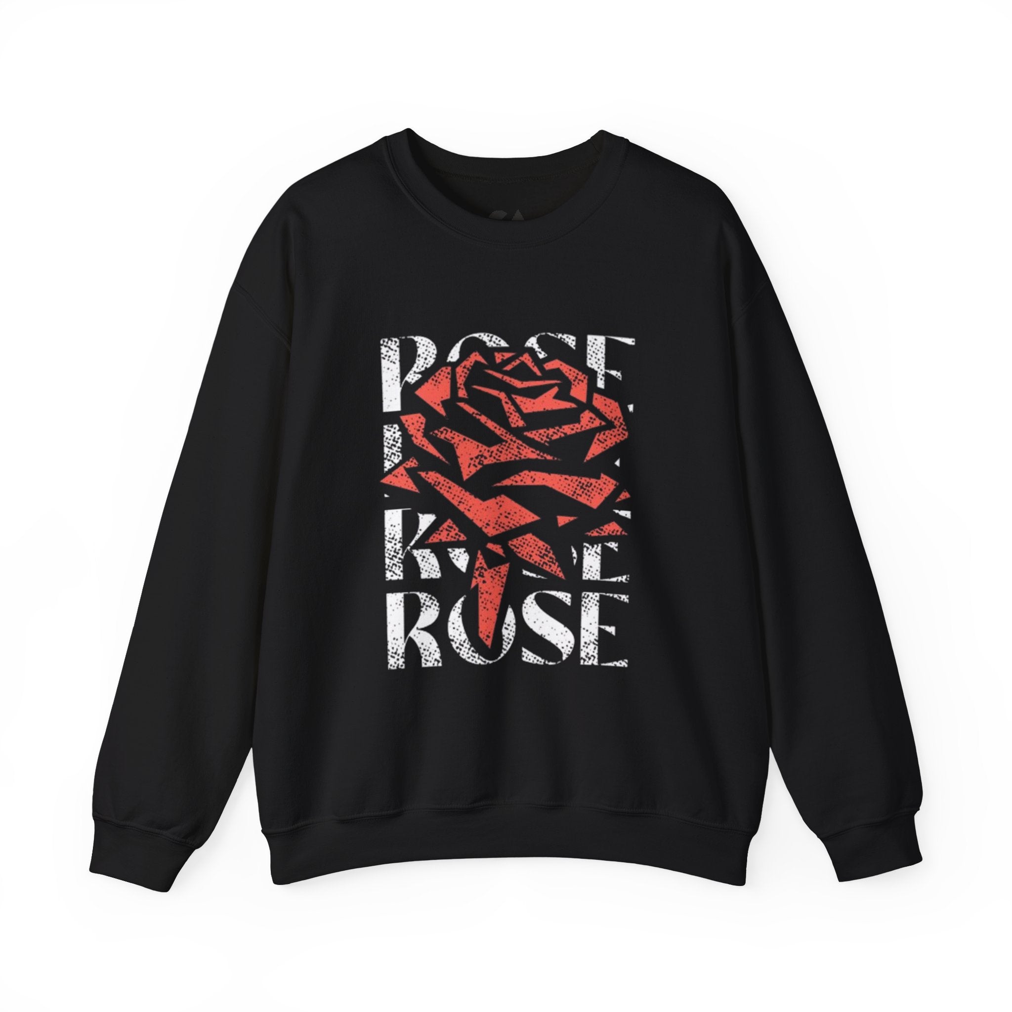 Rose Graphic Sweatshirt — Distressed Red Rose Text Design