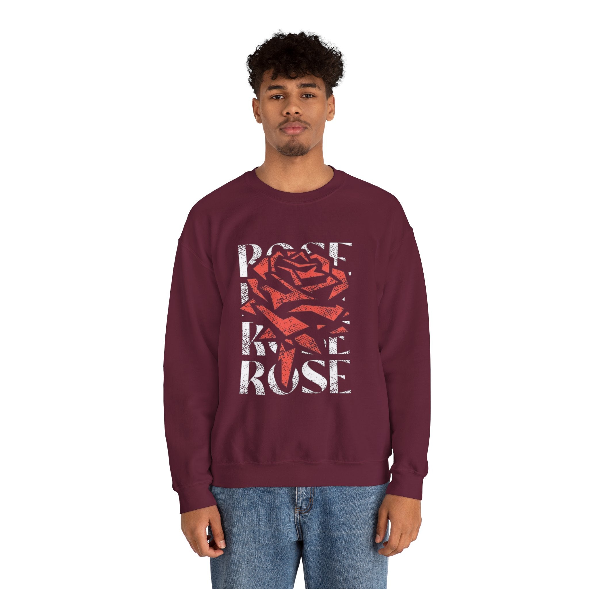 Rose Graphic Sweatshirt — Distressed Red Rose Text Design