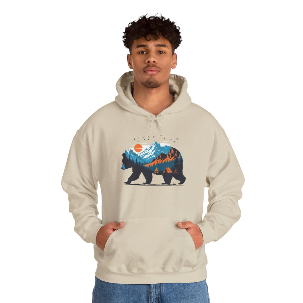 Bear Mountain Hoodie — Scenic Wilderness Graphic Hoodie (Sunset & Pine Forest Silhouette)