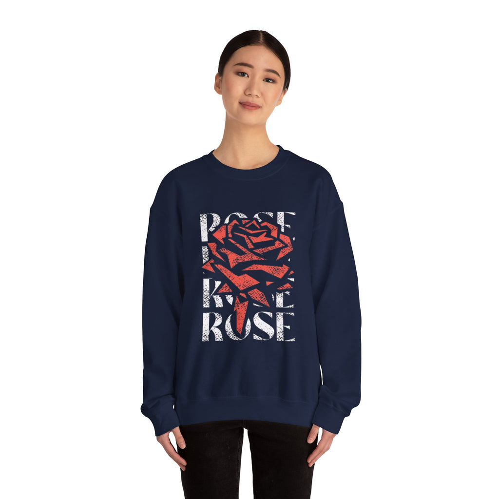 Rose Graphic Sweatshirt — Distressed Red Rose Text Design