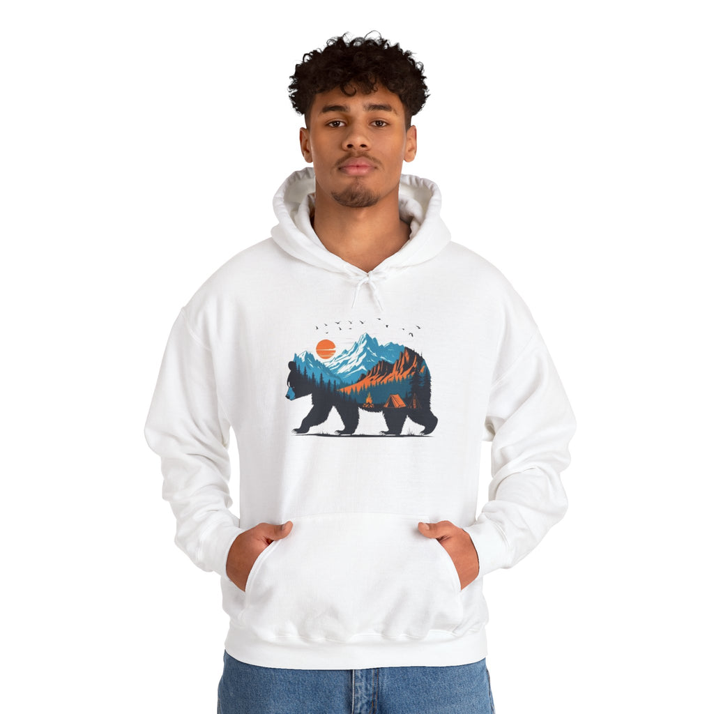 Bear Mountain Hoodie — Scenic Wilderness Graphic Hoodie (Sunset & Pine Forest Silhouette)