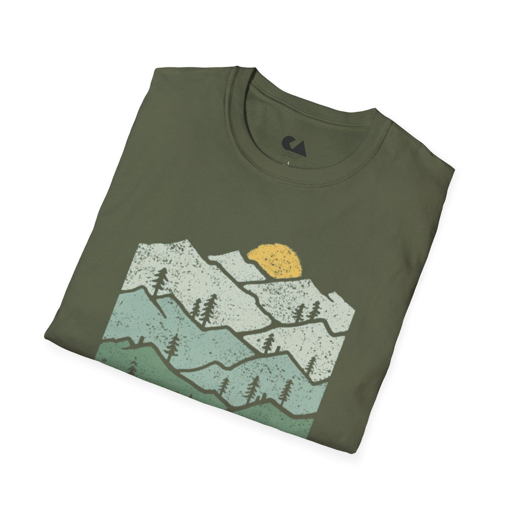 Mountain Sunrise T-Shirt — Retro Green Forest Camping Tee