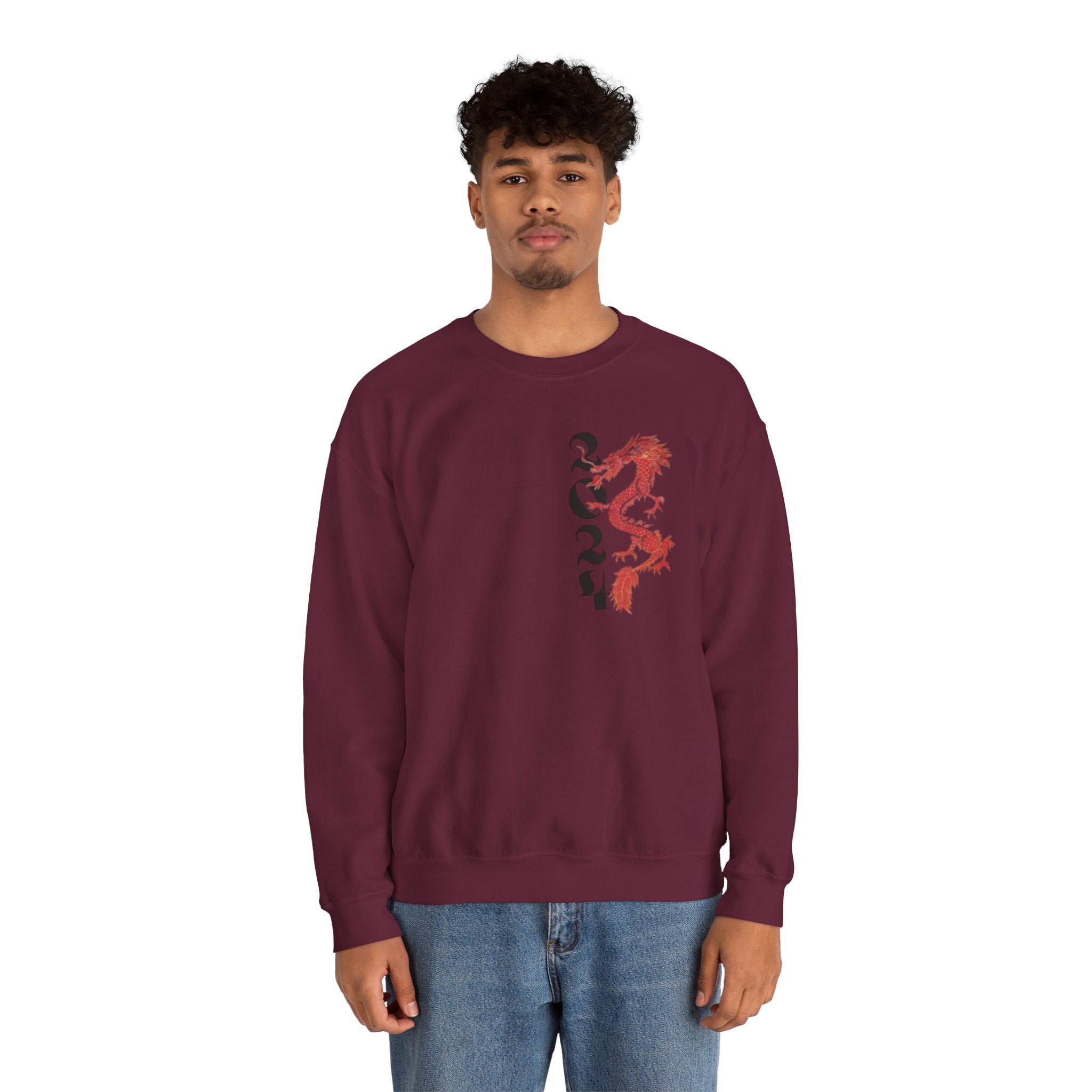 Crewneck Sweatshirt — Red Dragon Vertical Kanji Design