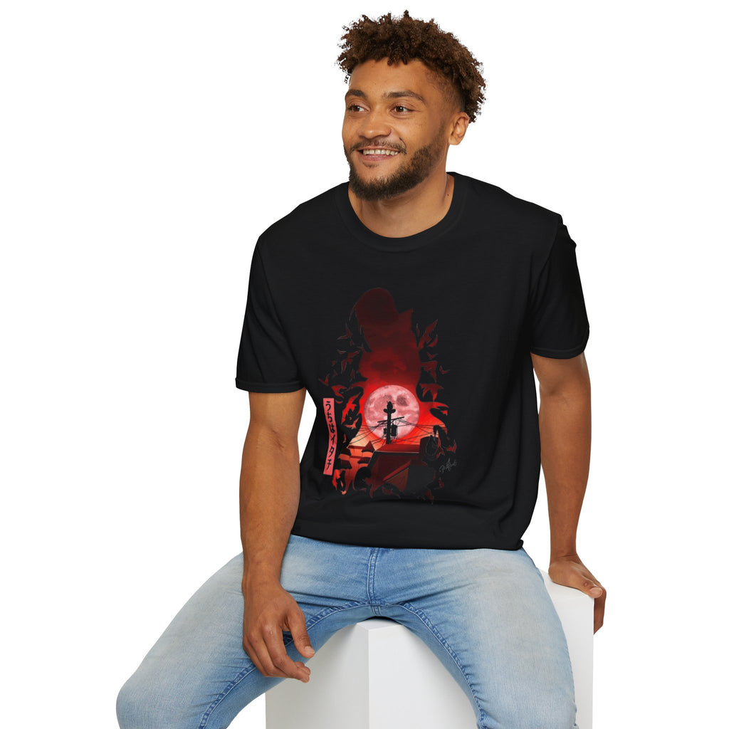 T-Shirt — Samurai Silhouette at Red Moon (Bats & Japanese Script)