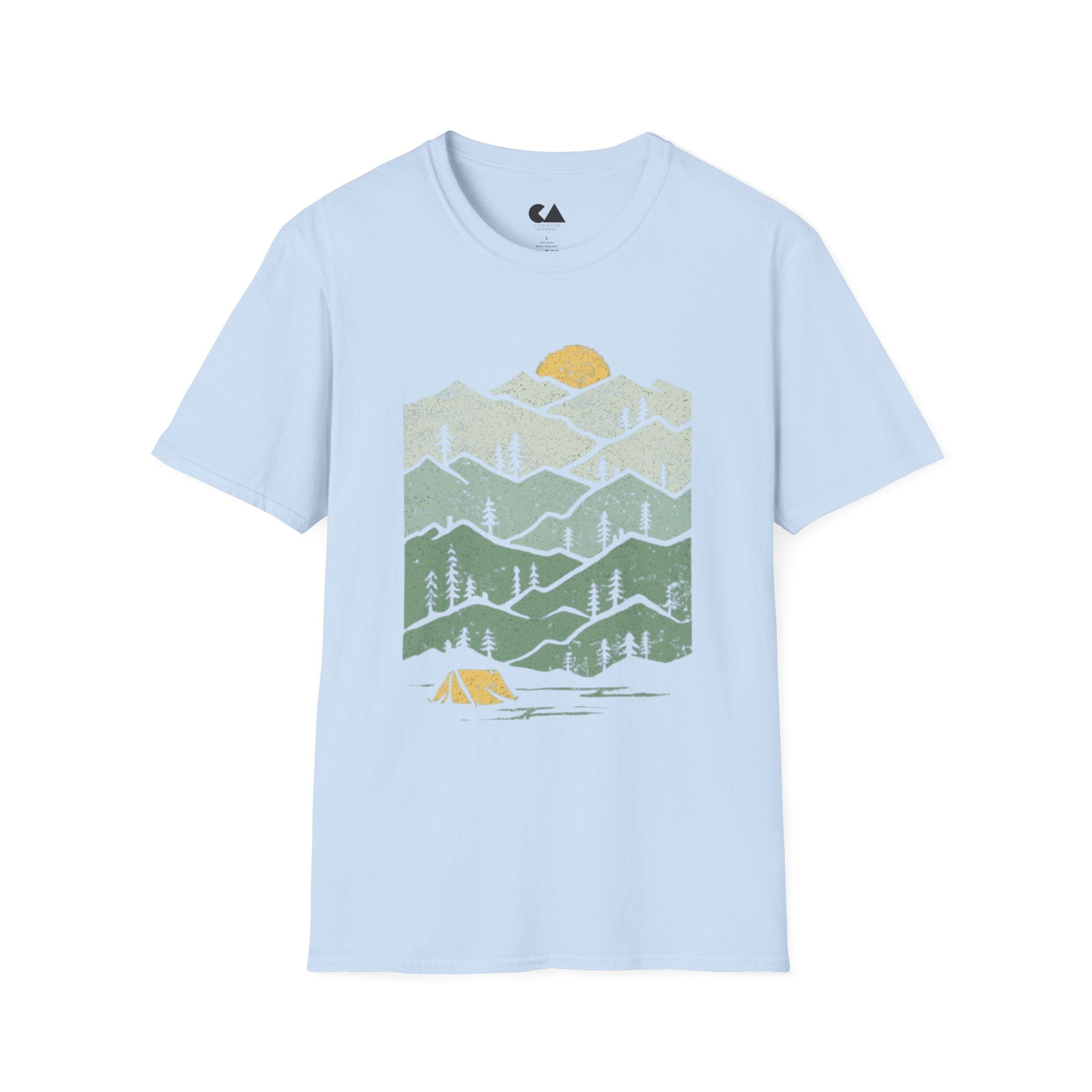 Mountain Sunrise T-Shirt — Retro Green Forest Camping Tee
