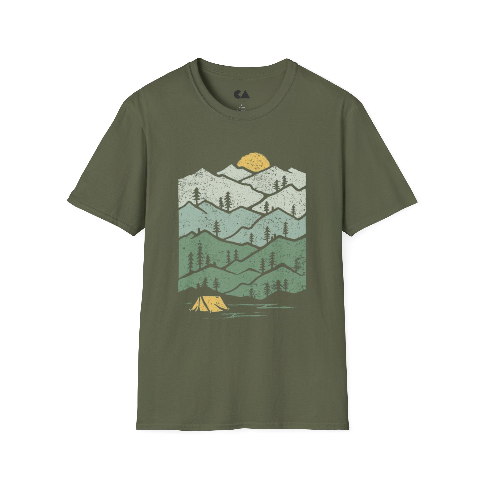 Mountain Sunrise T-Shirt — Retro Green Forest Camping Tee