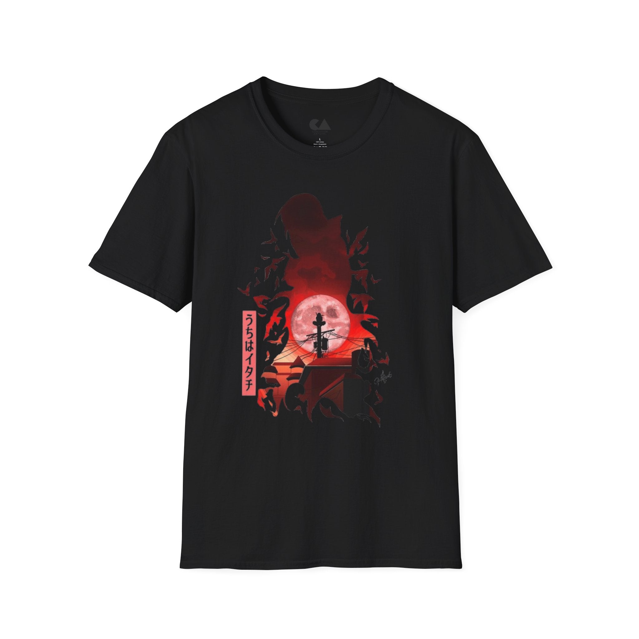 T-Shirt — Samurai Silhouette at Red Moon (Bats & Japanese Script)