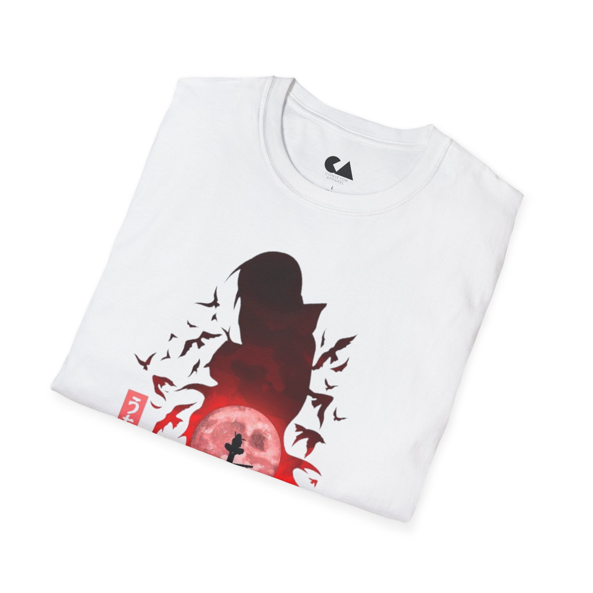 T-Shirt — Samurai Silhouette at Red Moon (Bats & Japanese Script)