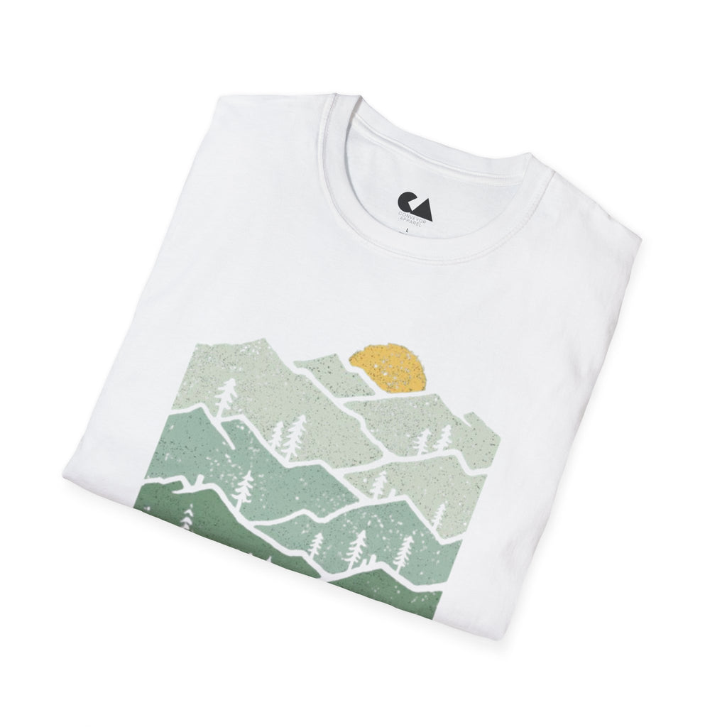 Mountain Sunrise T-Shirt — Retro Green Forest Camping Tee