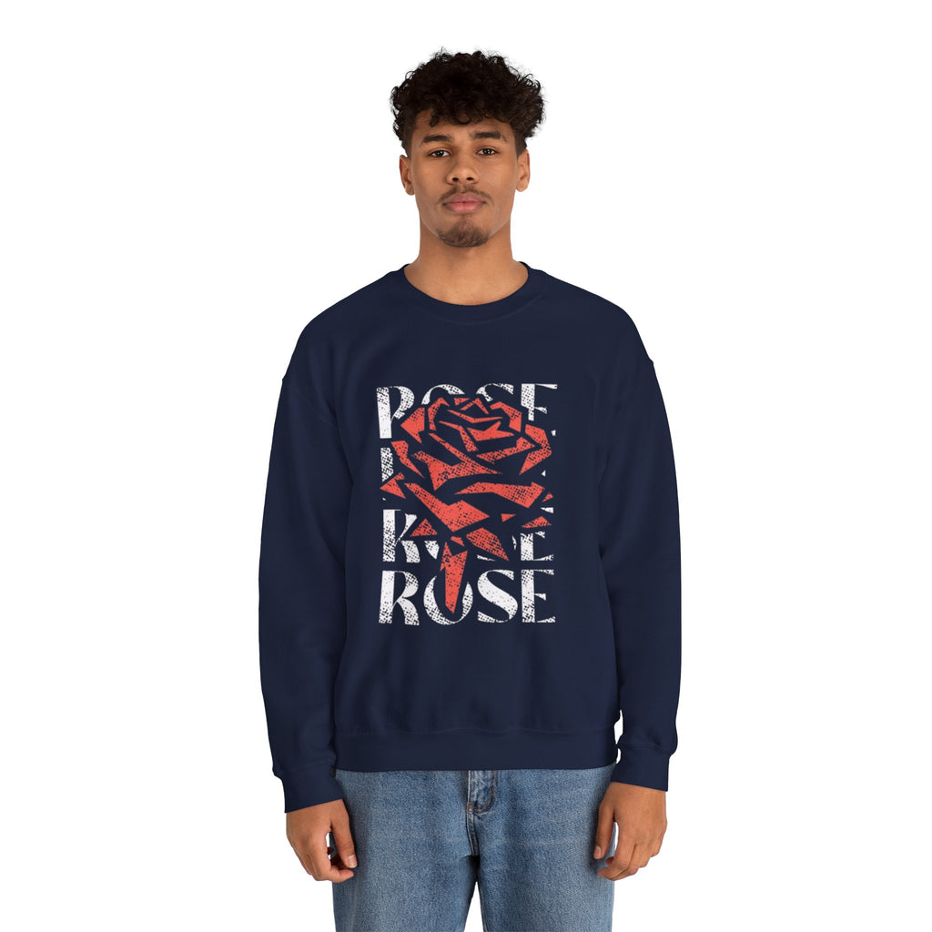 Rose Graphic Sweatshirt — Distressed Red Rose Text Design