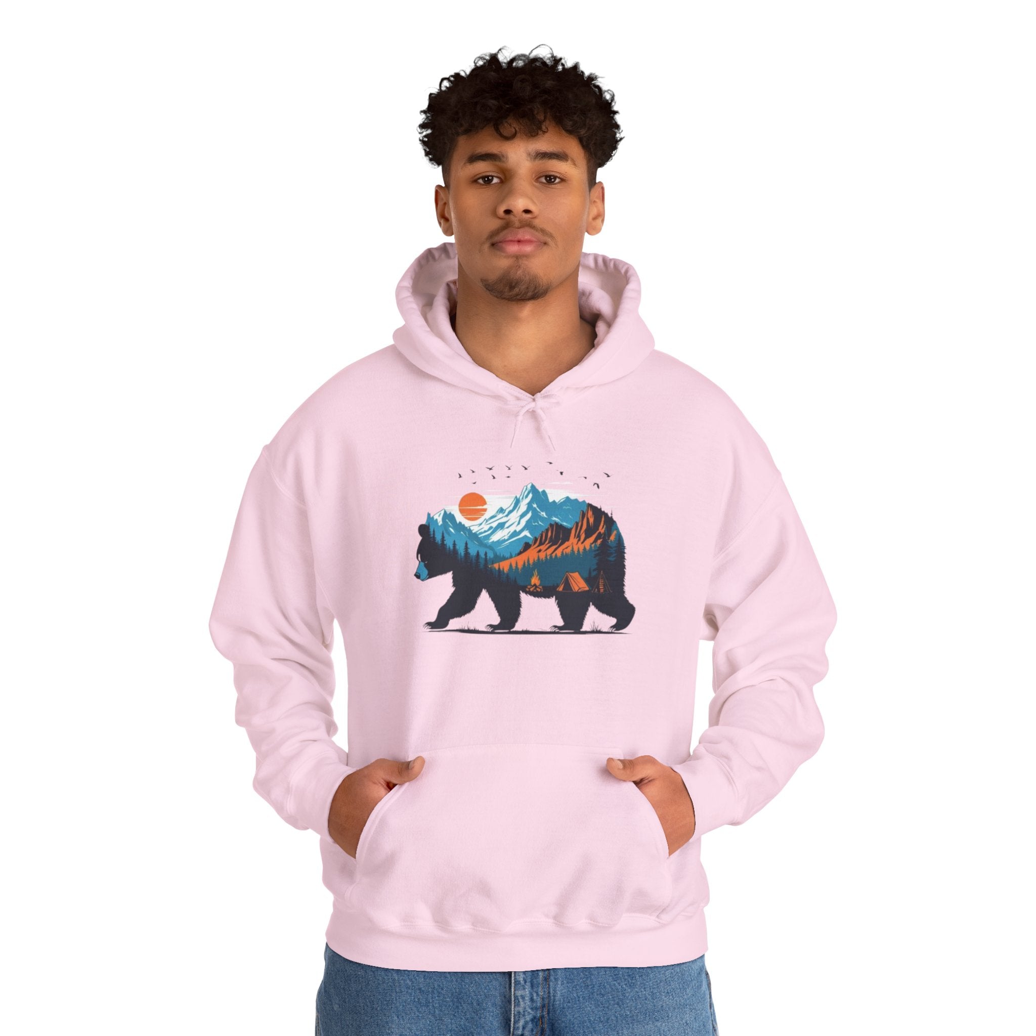 Bear Mountain Hoodie — Scenic Wilderness Graphic Hoodie (Sunset & Pine Forest Silhouette)