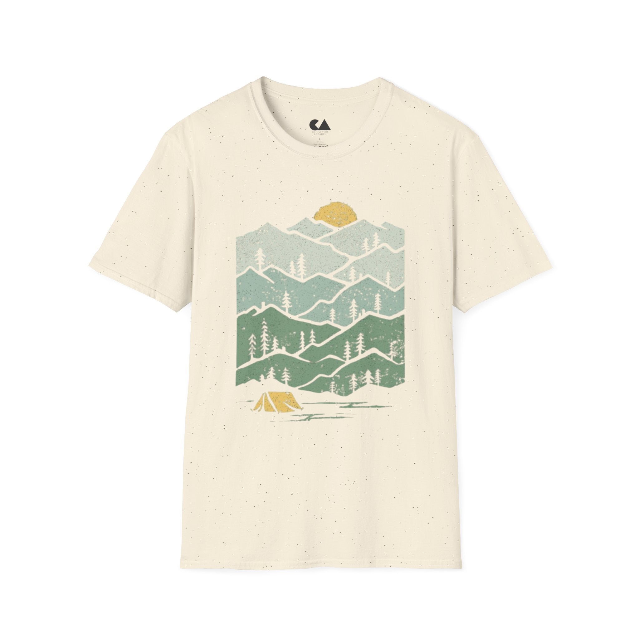 Mountain Sunrise T-Shirt — Retro Green Forest Camping Tee