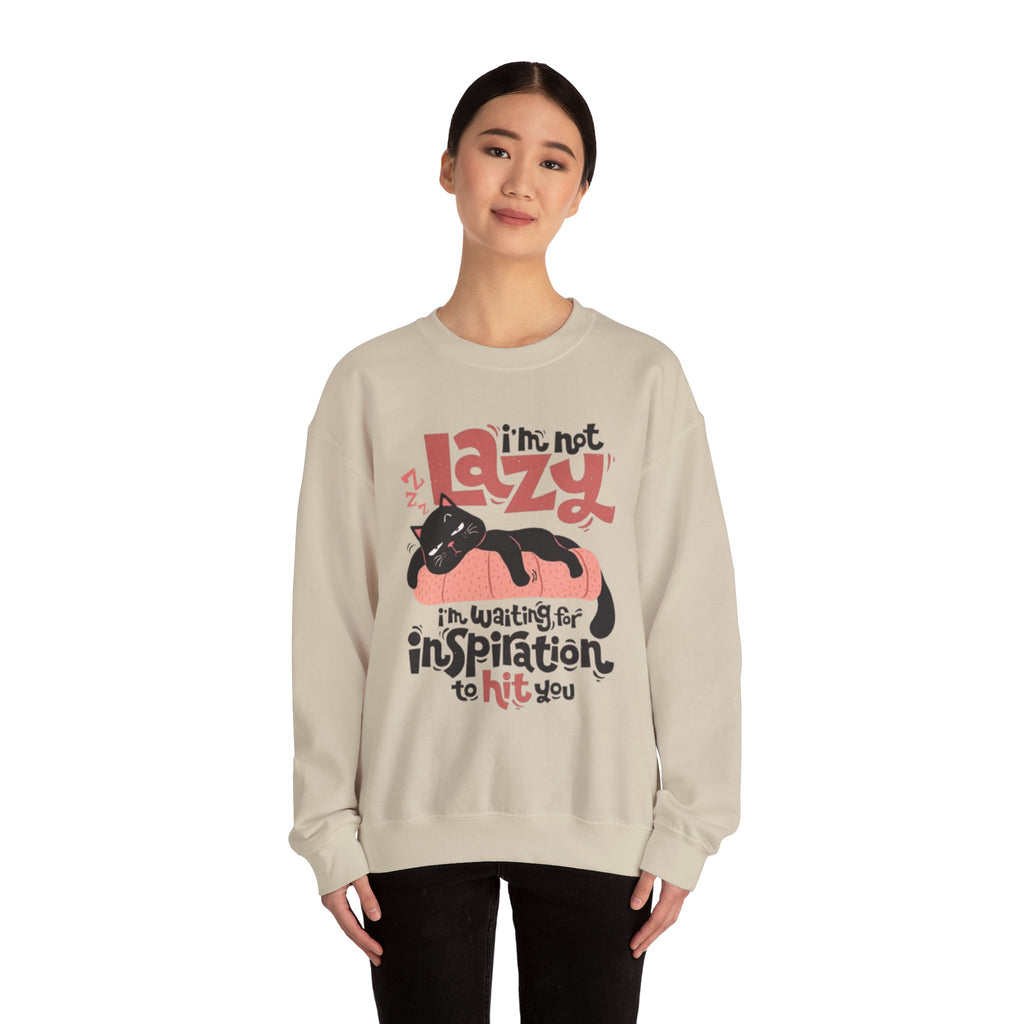 Crewneck Sweatshirt — “I’m Not Lazy, I’m Waiting for Inspiration to Hit You” Cat Graphic
