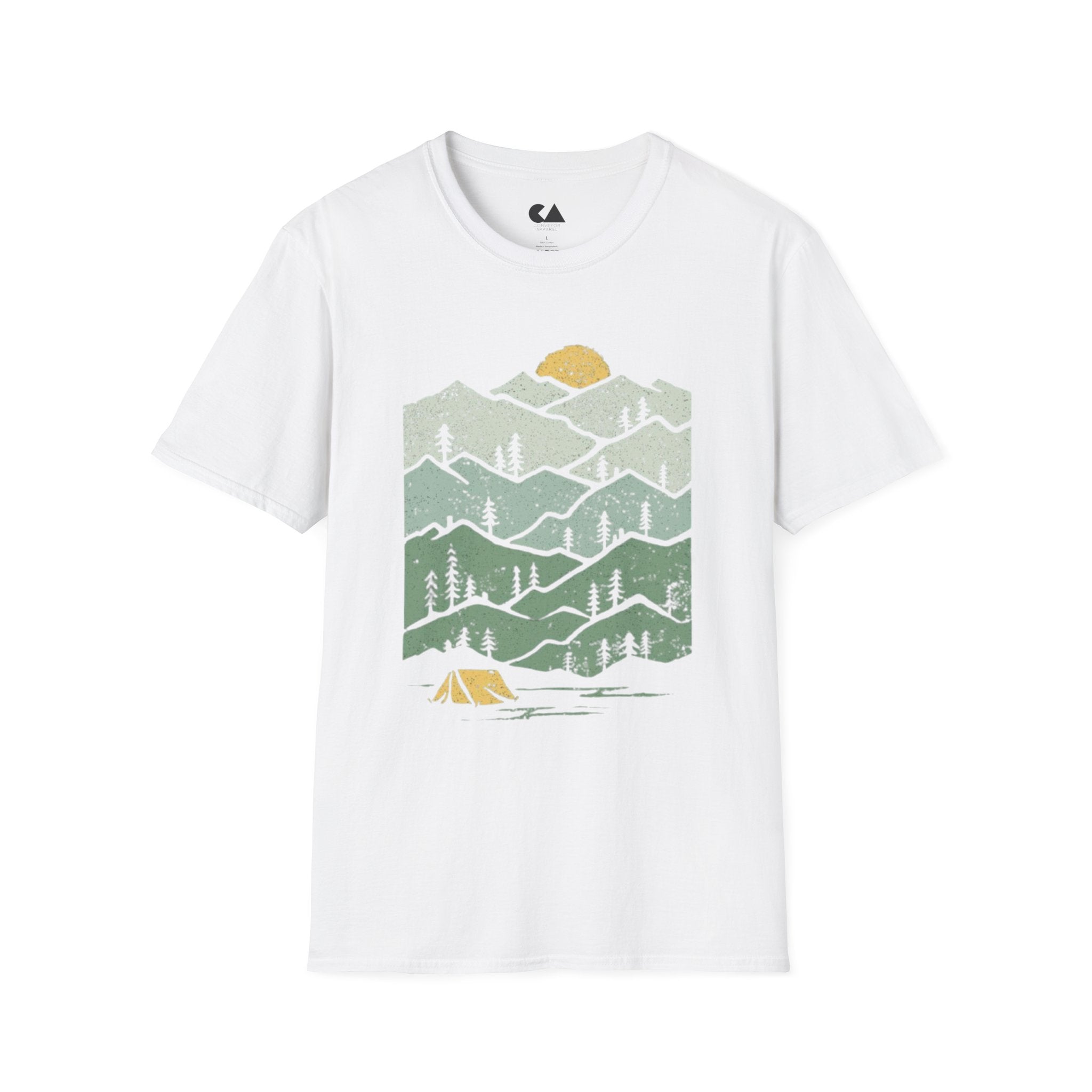Mountain Sunrise T-Shirt — Retro Green Forest Camping Tee