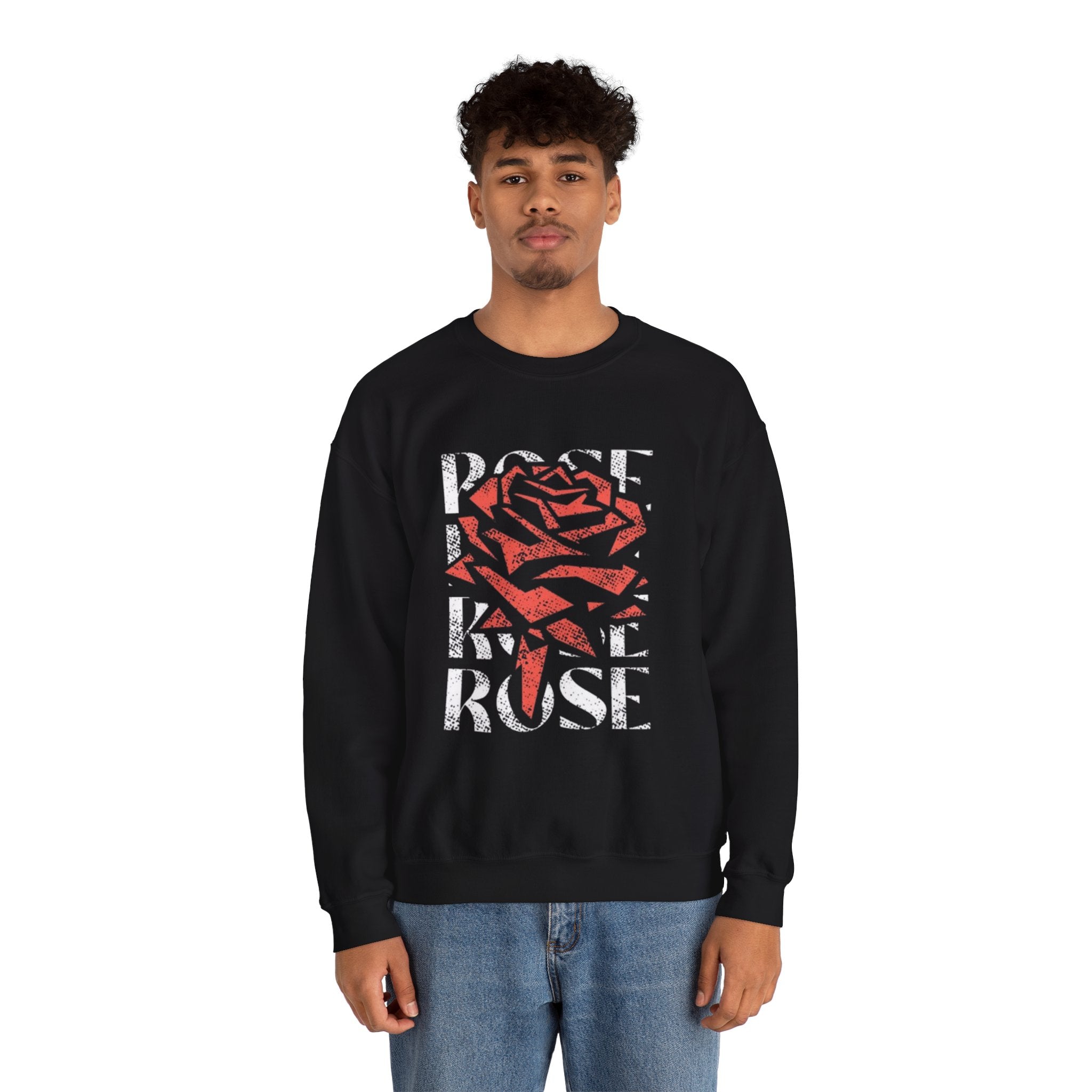 Rose Graphic Sweatshirt — Distressed Red Rose Text Design