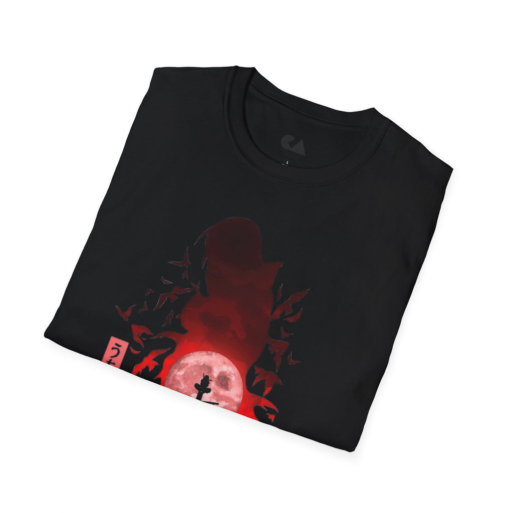 T-Shirt — Samurai Silhouette at Red Moon (Bats & Japanese Script)