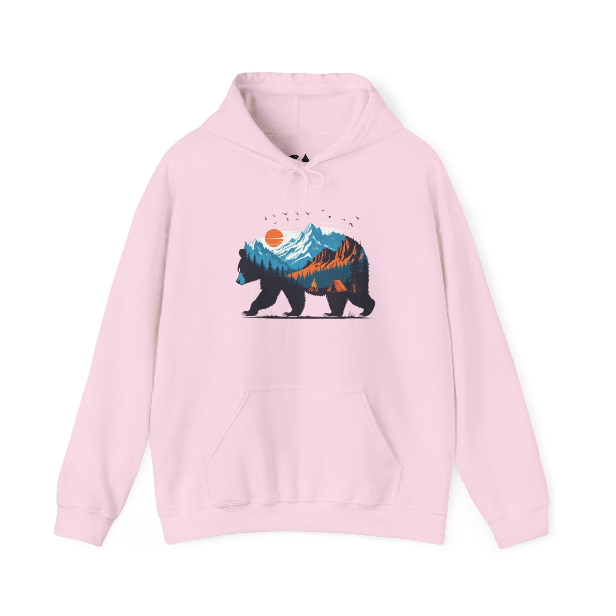 Bear Mountain Hoodie — Scenic Wilderness Graphic Hoodie (Sunset & Pine Forest Silhouette)