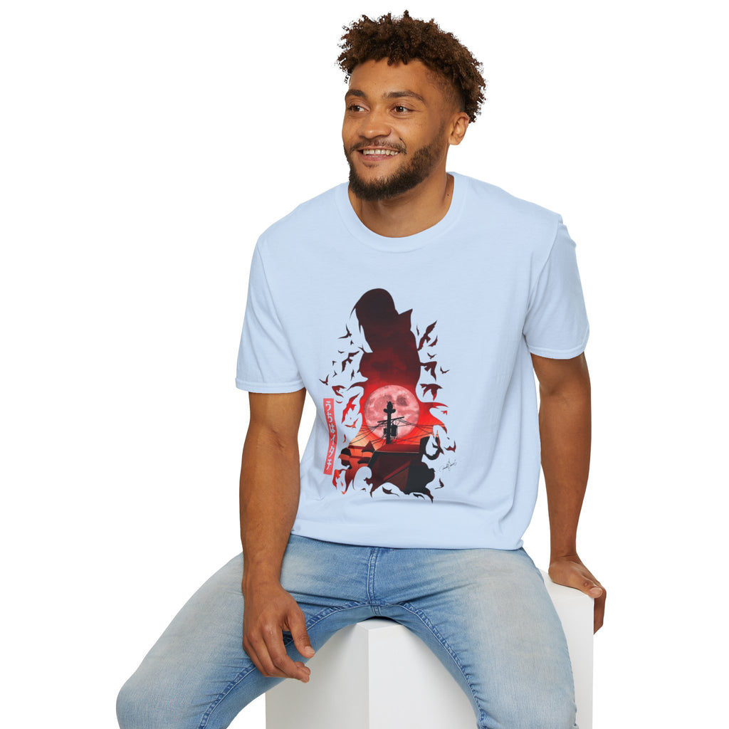 T-Shirt — Samurai Silhouette at Red Moon (Bats & Japanese Script)