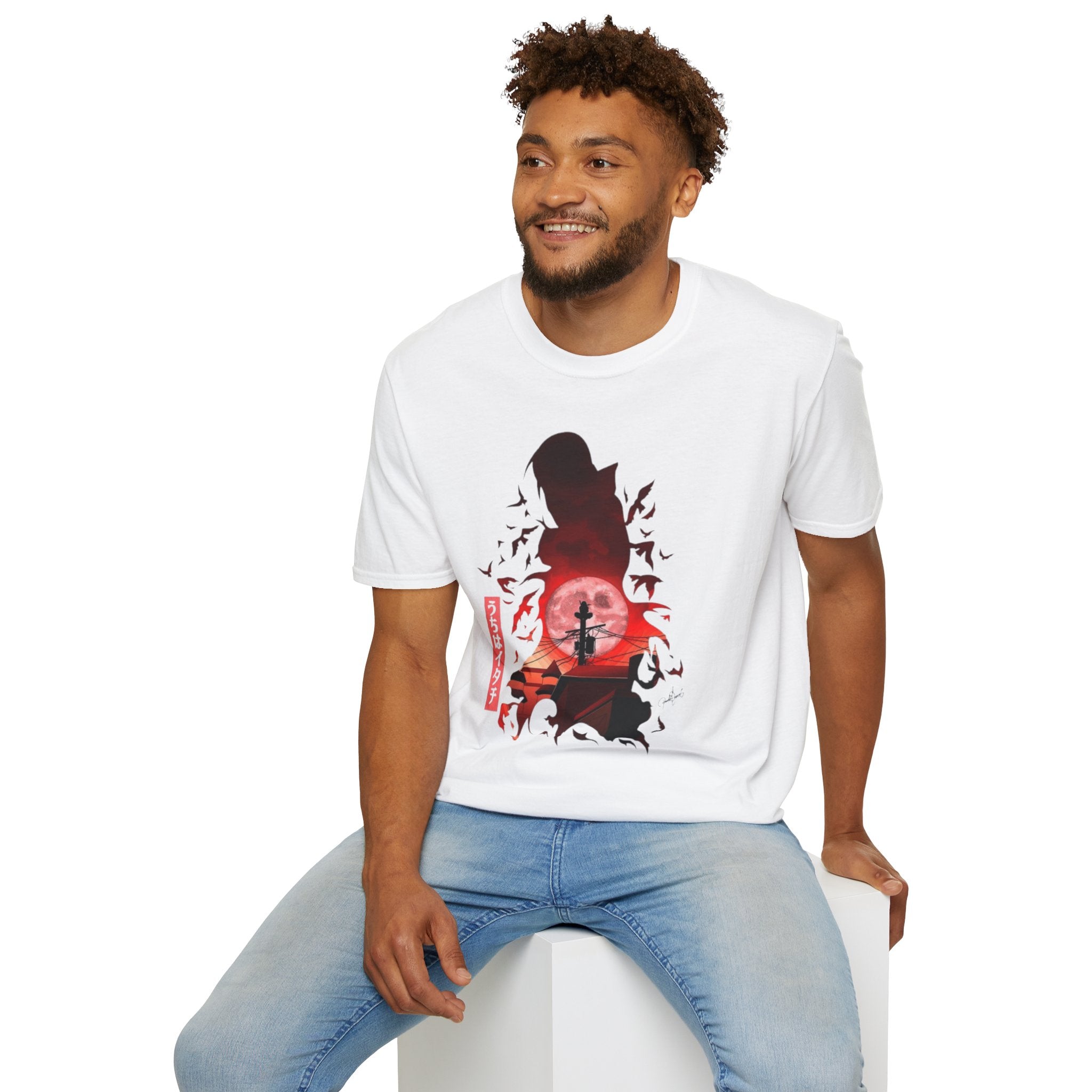 T-Shirt — Samurai Silhouette at Red Moon (Bats & Japanese Script)
