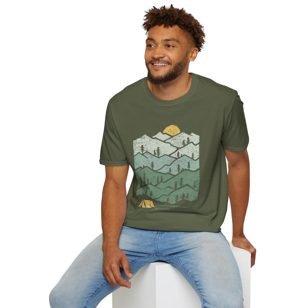 Mountain Sunrise T-Shirt — Retro Green Forest Camping Tee