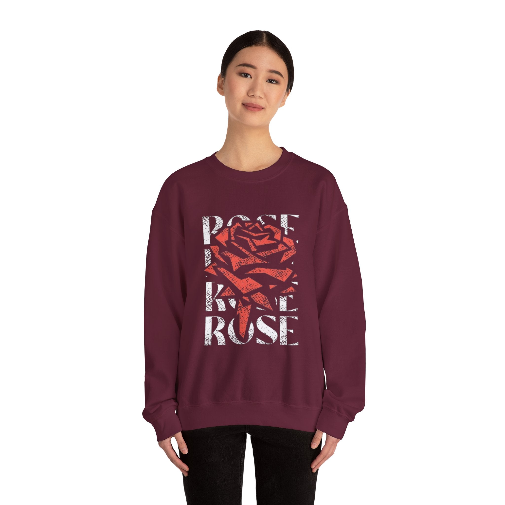 Rose Graphic Sweatshirt — Distressed Red Rose Text Design