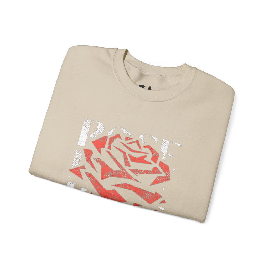 Rose Graphic Sweatshirt — Distressed Red Rose Text Design