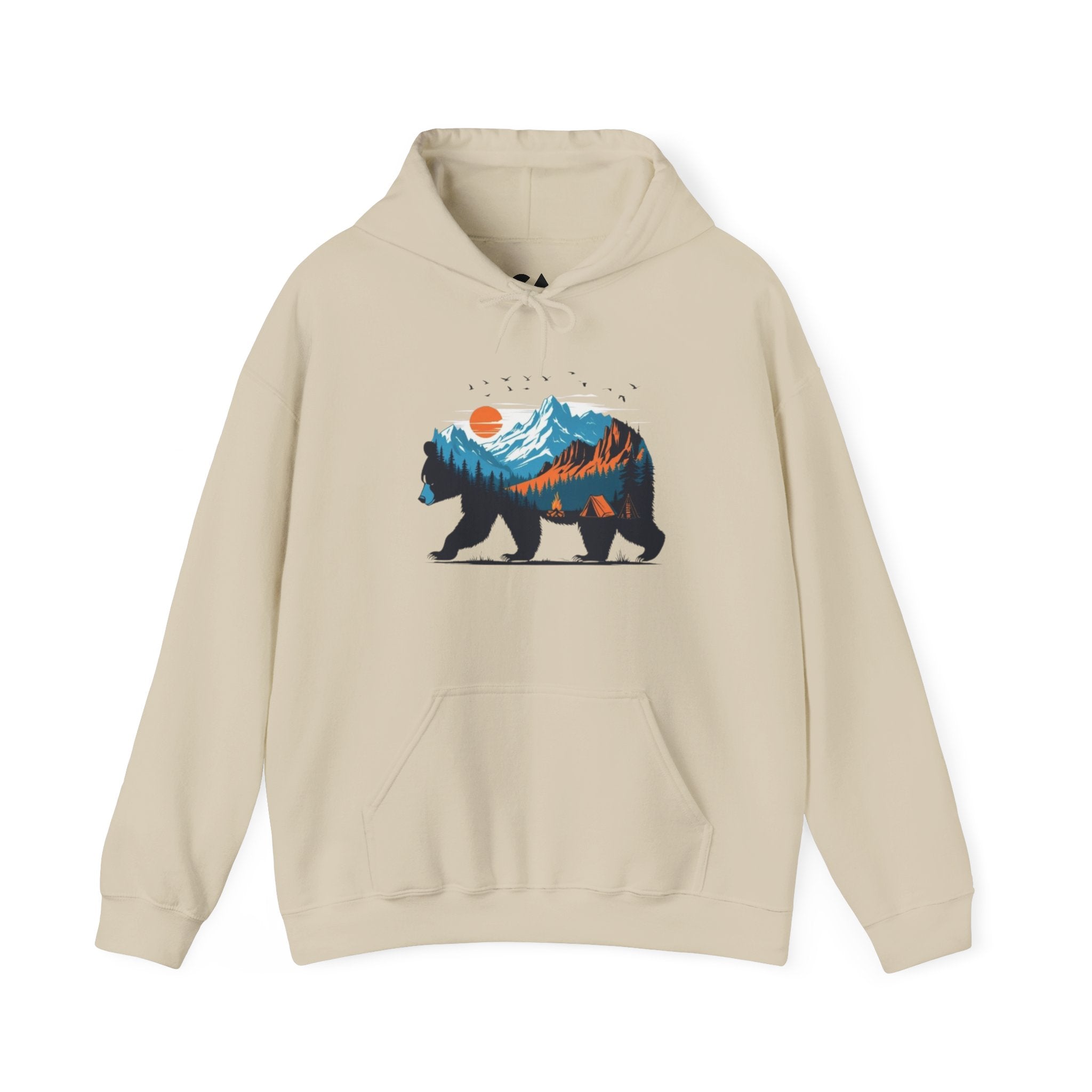Bear Mountain Hoodie — Scenic Wilderness Graphic Hoodie (Sunset & Pine Forest Silhouette)